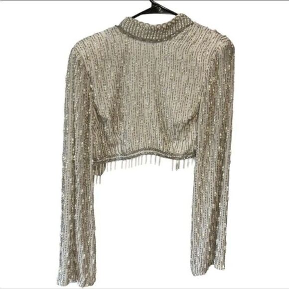 ASOS Edition Linear Fringe Pearl Embellished Crop Top With High Neck in White - Picture 8 of 13